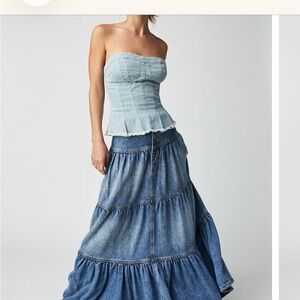 Free People Blue Tiered Button-Front Denim Maxi Skirt
